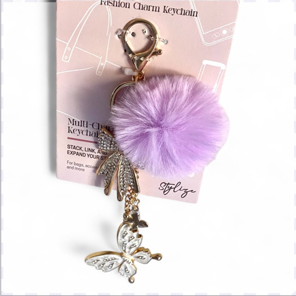 🐭 SALE! Purple Pom Pom Keychain with Butterfly Charms and crystal bow charm